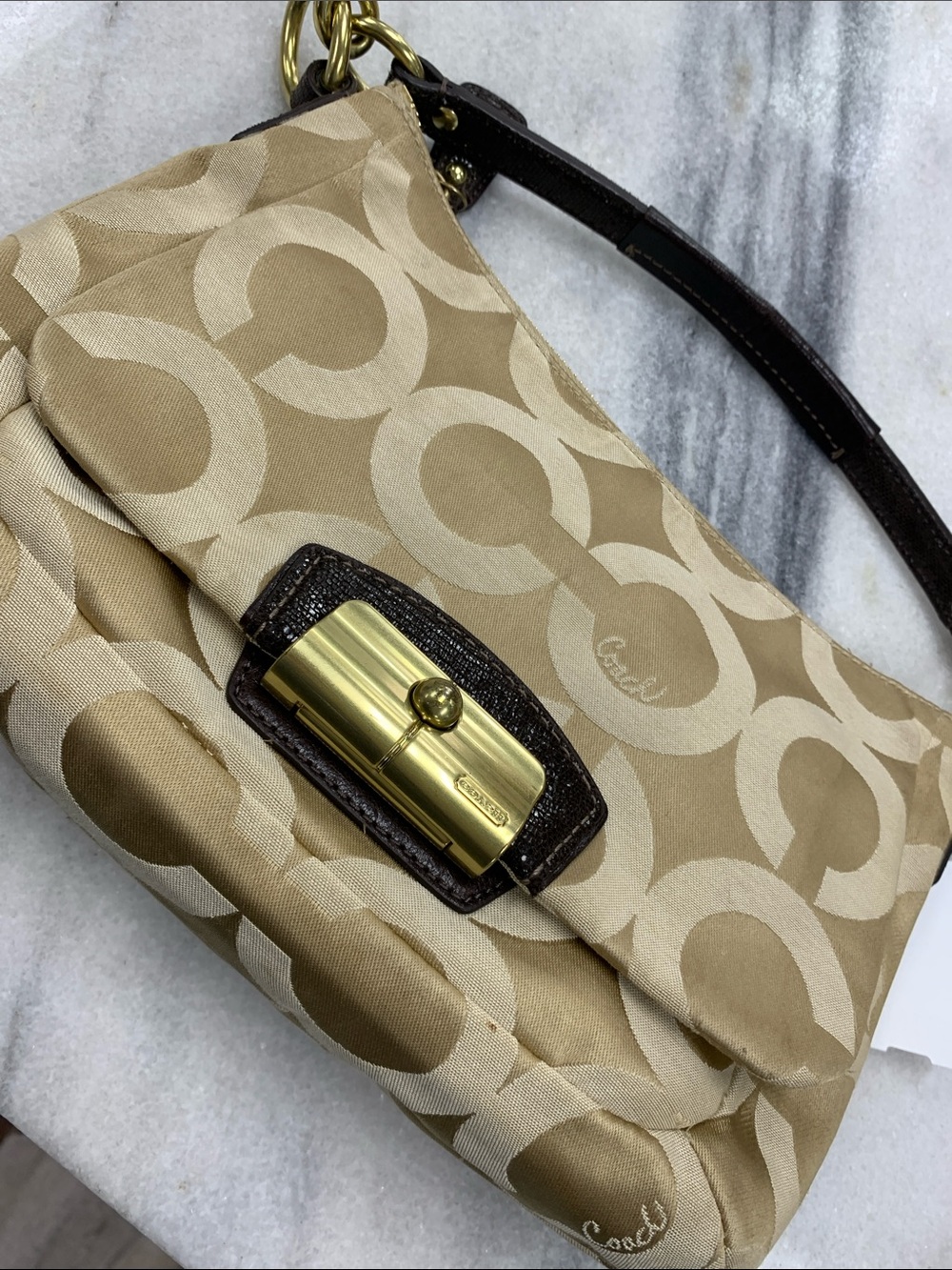 Coach Tan Signature Canvas Shoulder Bag with Dark Brown Trim and Gold Hardware - Picture 10 of 11